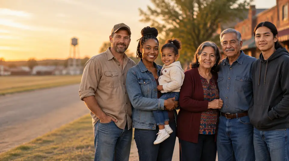 A group of everyday Oklahomans smiling together on a small-town street at sunset