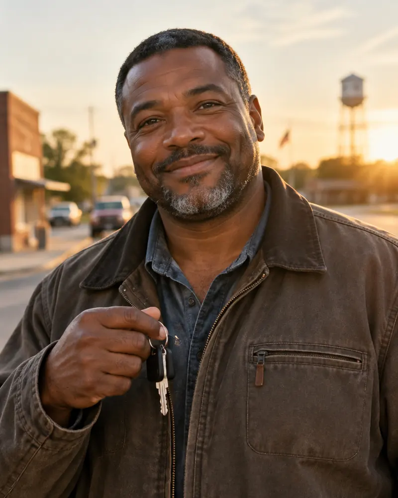 A smiling man holding car keys on a small-town street