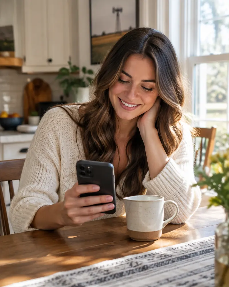 A young woman filling out an application on her phone at her kitchen table